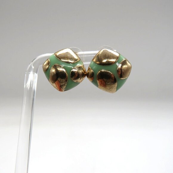 Vintage 80s Green Enamel Gold Tone Pierced Stud Square Abstract Animal Print - Picture 6 of 7